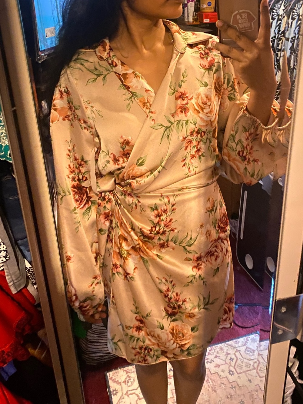 Floral Satin Wrap Dress in Pinkish Cream